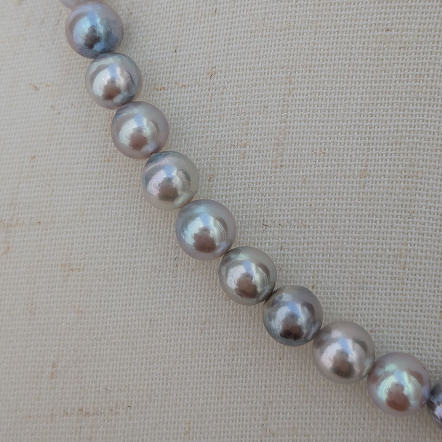 Akoya pearl necklace with natural gray 7-7.5mm pearls and silver fittings displayed on white background