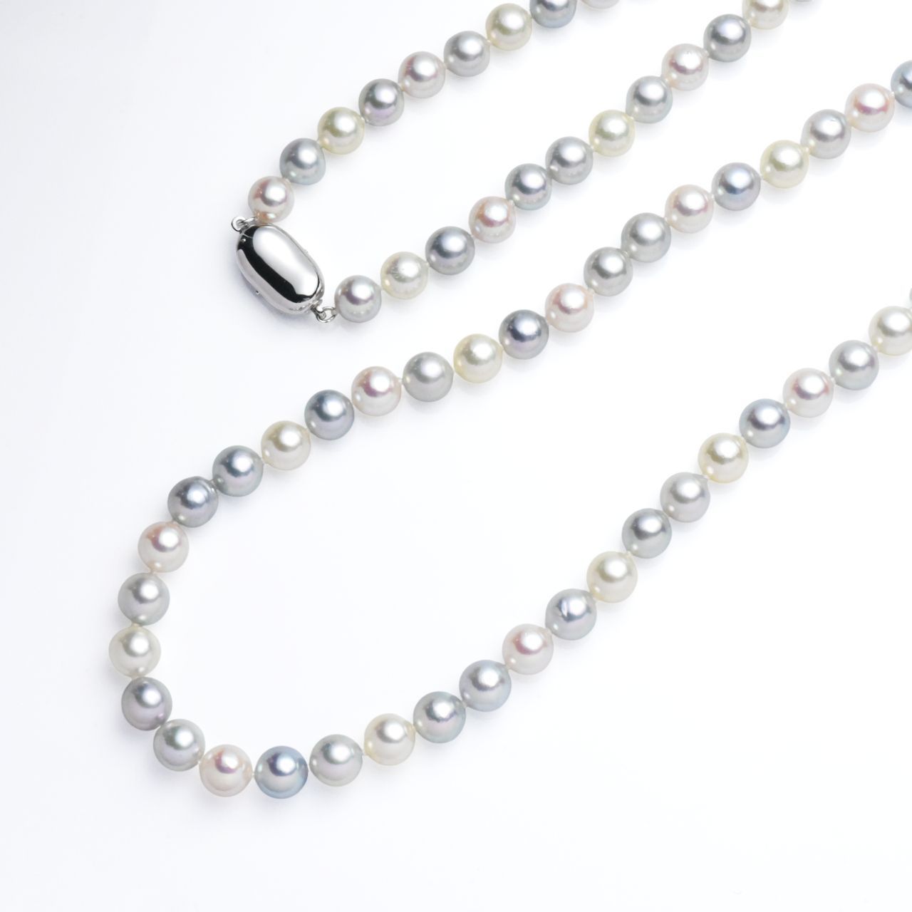 Multicolor Akoya cultured pearl necklace with 7-7.5mm pearls and silver clasp, 90cm long