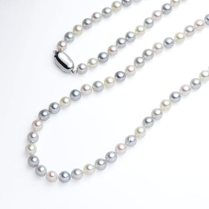 Multicolor Akoya cultured pearl necklace with 7-7.5mm pearls and silver clasp, 90cm long