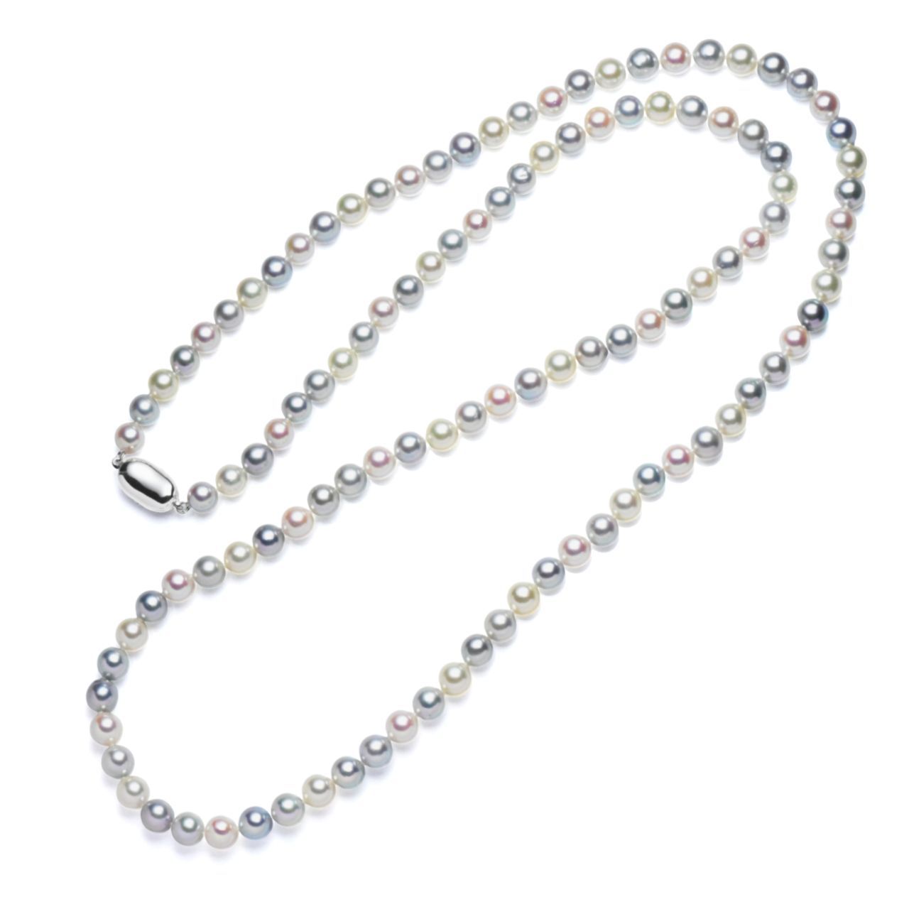 Multicolor Akoya cultured pearl necklace with 7-7.5mm pearls and silver clasp, 90cm long