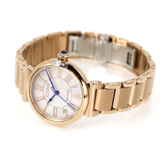 Citizen L ladies watch EM1063-89D with shell dial and warm gold stainless steel case and band
