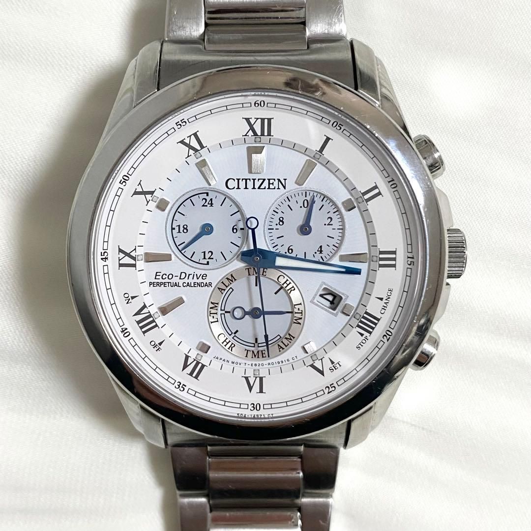 CITIZEN Eco-Drive Perpetual Calendar men's watch model E820-R006592 with silver case and black leather strap