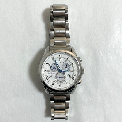CITIZEN Eco-Drive Perpetual Calendar men's watch model E820-R006592 with silver case and black leather strap