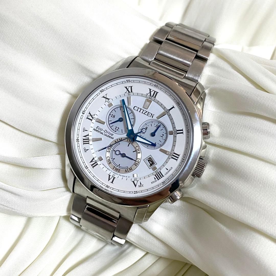 CITIZEN Eco-Drive Perpetual Calendar men's watch model E820-R006592 with silver case and black leather strap