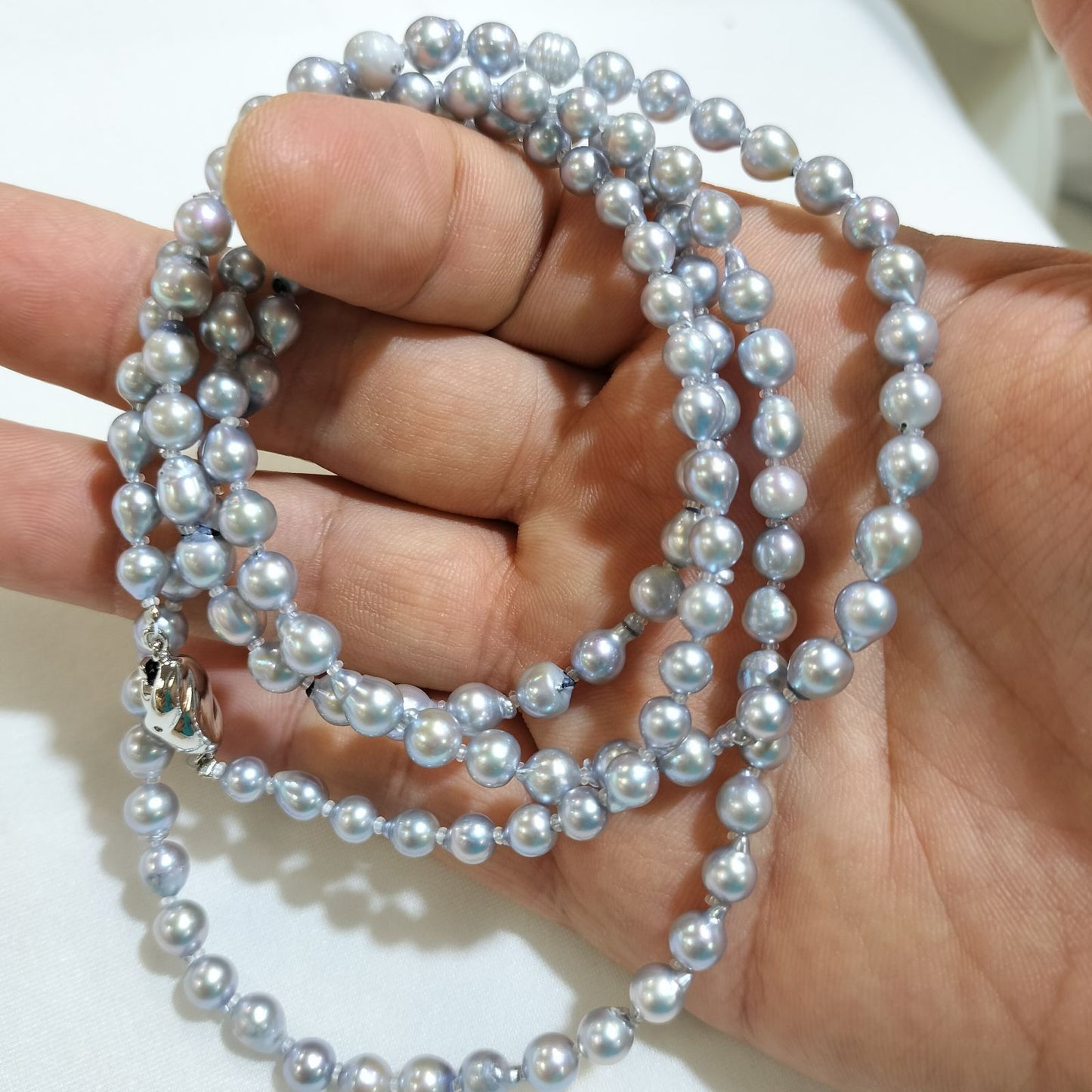 B-Grade Akoya Pearl Troll Necklace featuring 5mm pearls on a 92cm length chain with simple packaging