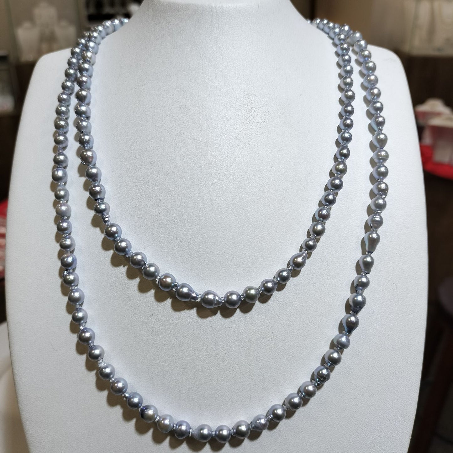 B-Grade Akoya Pearl Troll Necklace featuring 5mm pearls on a 92cm length chain with simple packaging
