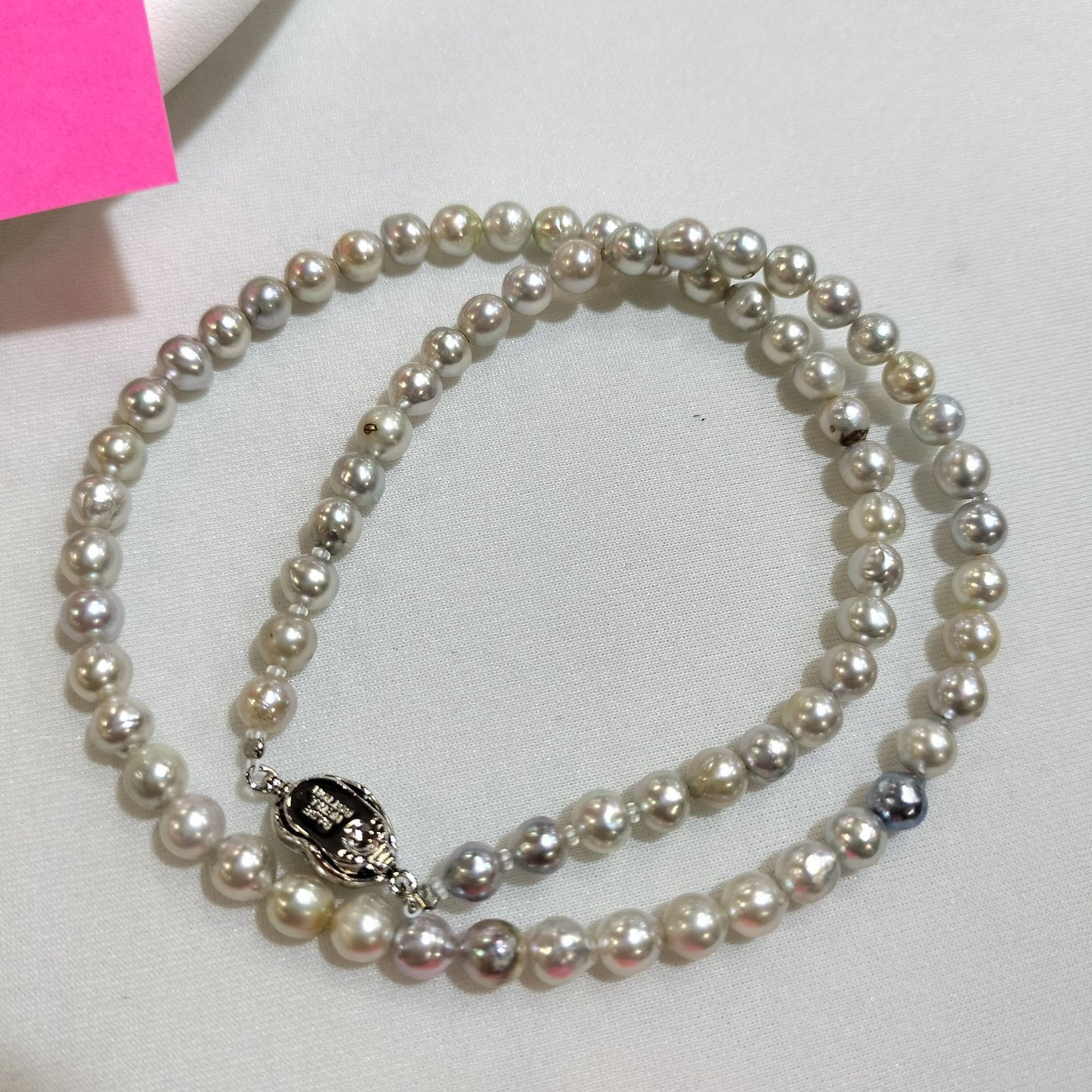 B-Grade Akoya Pearl Baroque Necklace with 5mm pearls, 43cm length, embossed and hole detail