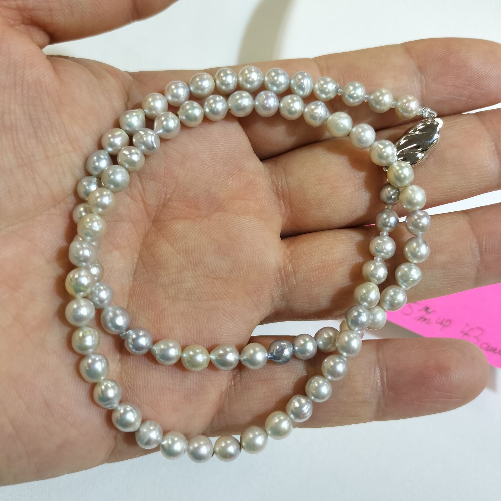 B-Grade Akoya Pearl Baroque Necklace with 5mm pearls, 43cm length, embossed and hole detail
