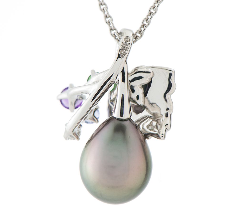 Mikimoto pendant necklace with drop-shaped black South Sea pearl and botanical motif in 18K white gold