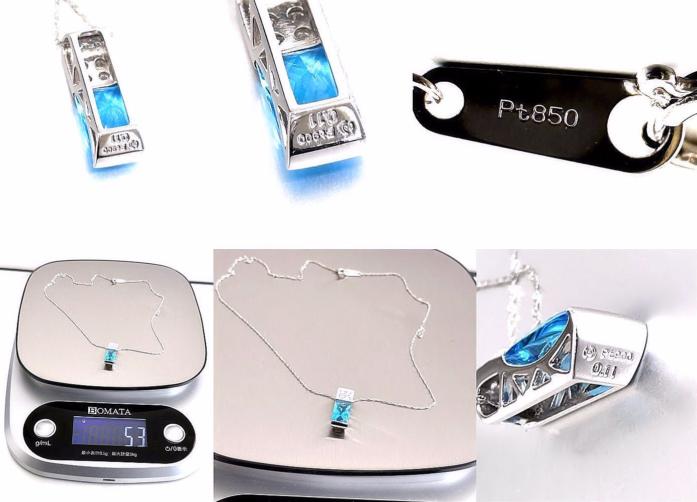 TASAKI necklace featuring a pearl, blue topaz gemstone, and 0.11ct diamonds on a 40cm chain