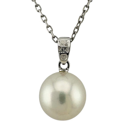 Pre-owned Mikimoto K14 white gold pearl necklace for women in silver color weighing 3.0 grams