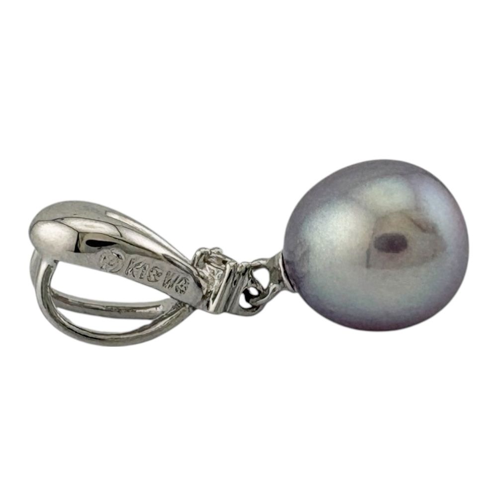 Tasaki 18K white gold pendant top with pearl and small diamond on silver chain
