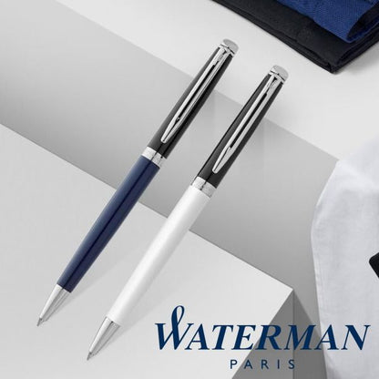 WATERMAN Metropolitan Essential Color Blocking pen in black and white with palladium trim and blue cap
