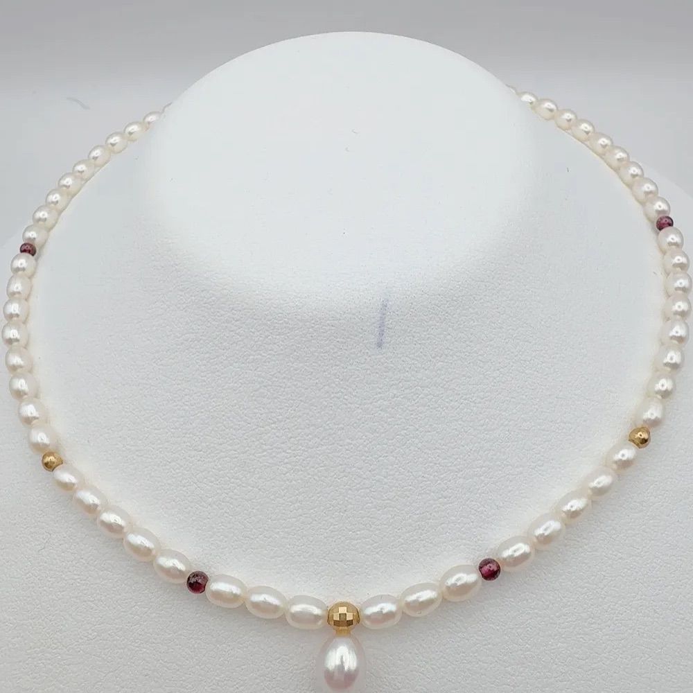 Tasaki pearl necklace with 4mm pearls, ruby gemstones, and K18 gold chain, 37cm length