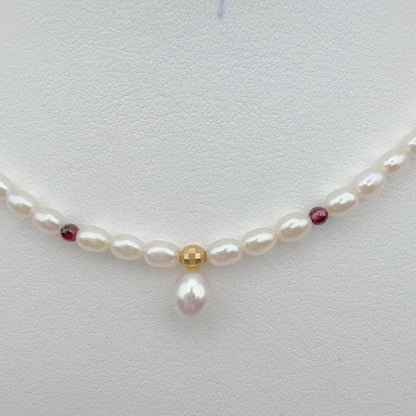 Tasaki pearl necklace with 4mm pearls, ruby gemstones, and K18 gold chain, 37cm length