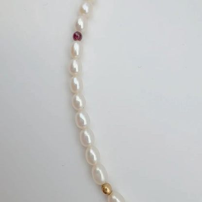 Tasaki pearl necklace with 4mm pearls, ruby gemstones, and K18 gold chain, 37cm length