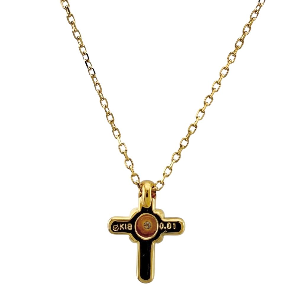Mikimoto ladies 18K yellow gold cross necklace with diamond detail and K18 stamp on clasp