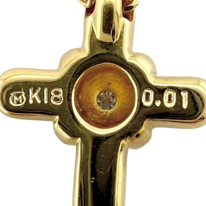 Mikimoto ladies 18K yellow gold cross necklace with diamond detail and K18 stamp on clasp