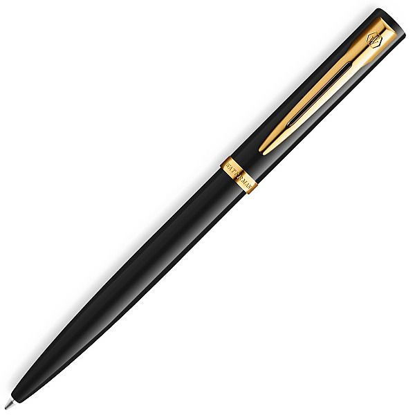 WATERMAN Impression Black GT ballpoint pen with fine point, gold coating trim, and glossy lacquer stainless steel body