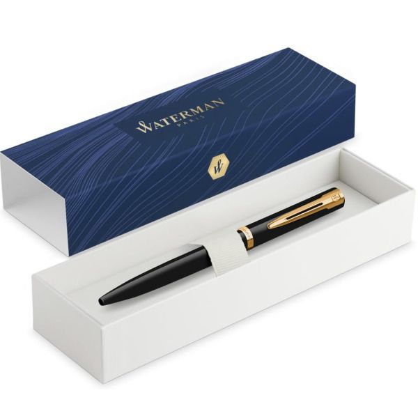 WATERMAN Impression Black GT ballpoint pen with fine point, gold coating trim, and glossy lacquer stainless steel body