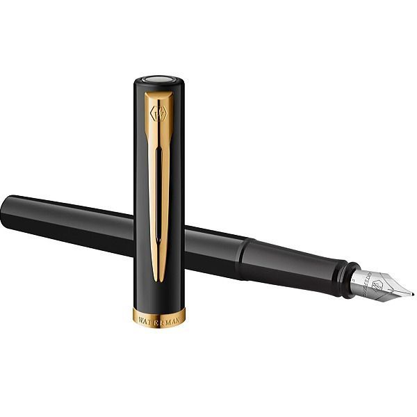 WATERMAN Impression Black GT Fine Point Fountain Pen with glossy lacquer finish and gold trim