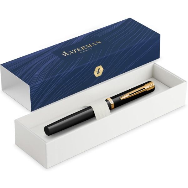 WATERMAN Impression Black GT Fine Point Fountain Pen with glossy lacquer finish and gold trim