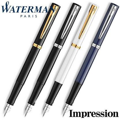 WATERMAN Impression Black GT Fine Point Fountain Pen with glossy lacquer finish and gold trim