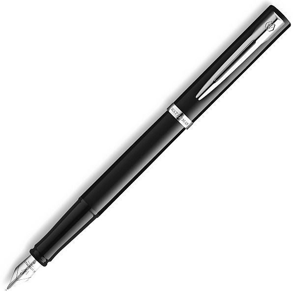 WATERMAN Impression Black CT fountain pen with stainless steel body and gold-coated clip shown uncapped