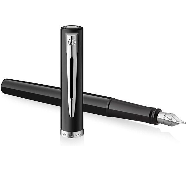 WATERMAN Impression Black CT fountain pen with stainless steel body and gold-coated clip shown uncapped