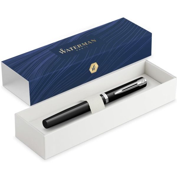 WATERMAN Impression Black CT fountain pen with stainless steel body and gold-coated clip shown uncapped