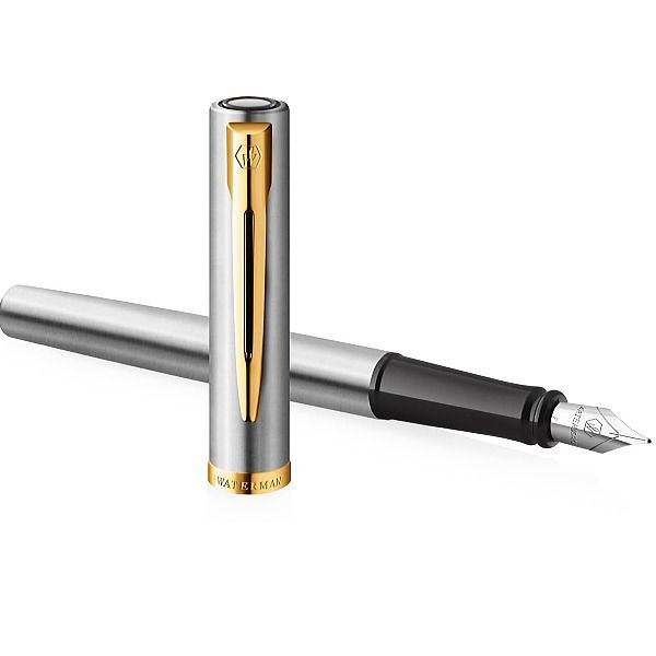 WATERMAN Impression Stainless Steel GT Fine Point Fountain Pen with gold clip and brushed stainless steel body