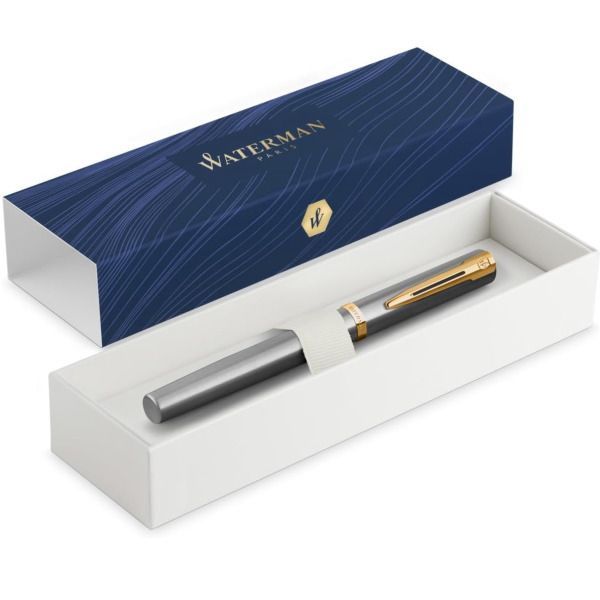 WATERMAN Impression Stainless Steel GT Fine Point Fountain Pen with gold clip and brushed stainless steel body