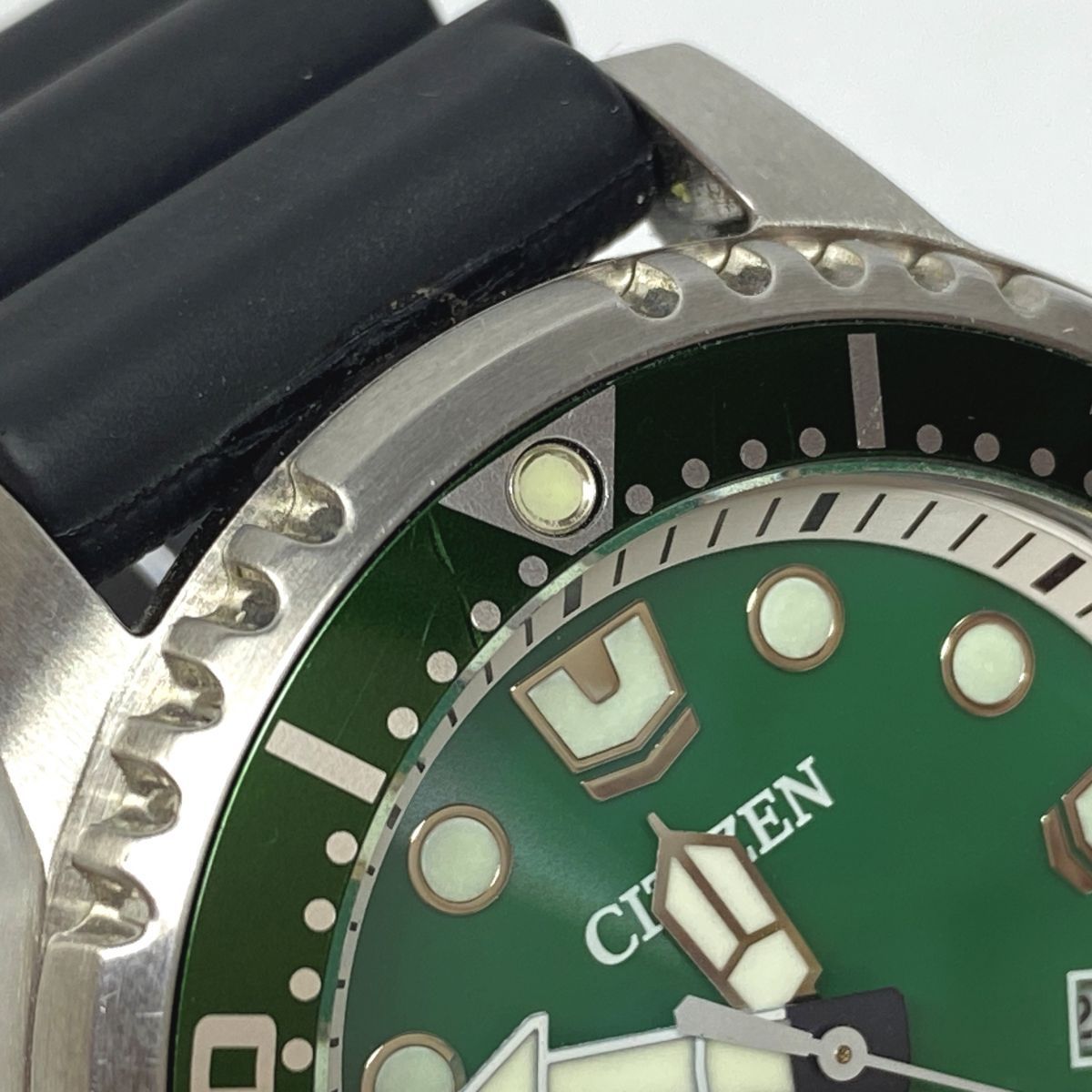 CITIZEN PROMASTER Diver Eco-Drive 200m watch with silver case and green dial shown from front