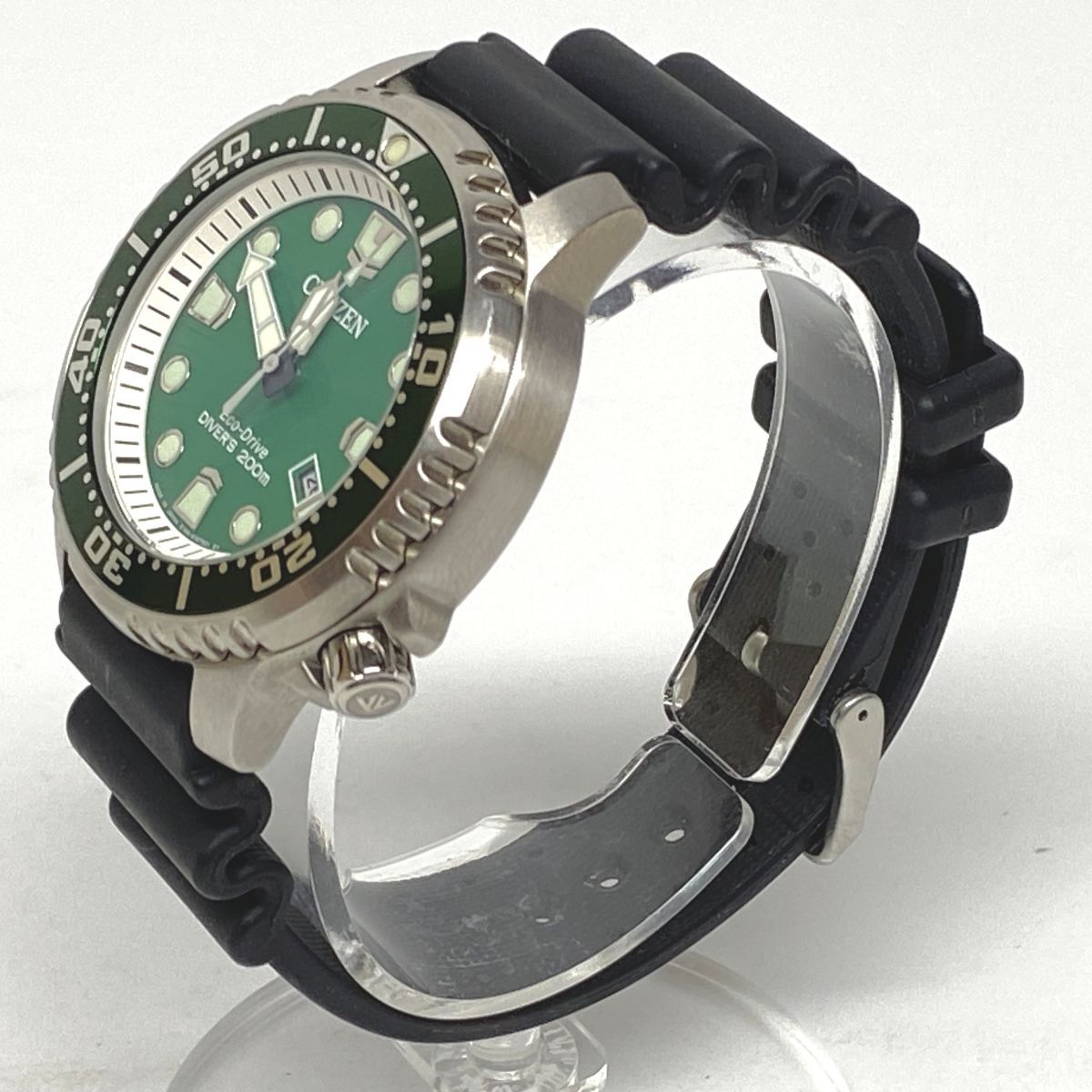 CITIZEN PROMASTER Diver Eco-Drive 200m watch with silver case and green dial shown from front