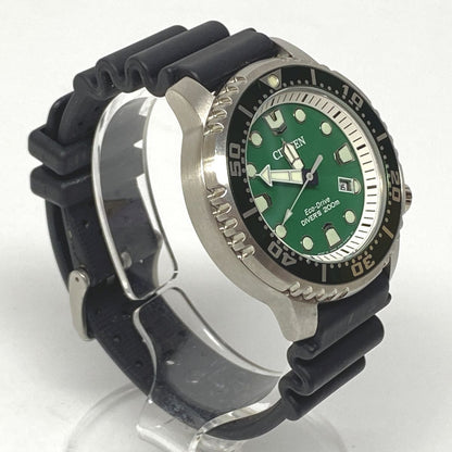 CITIZEN PROMASTER Diver Eco-Drive 200m watch with silver case and green dial shown from front