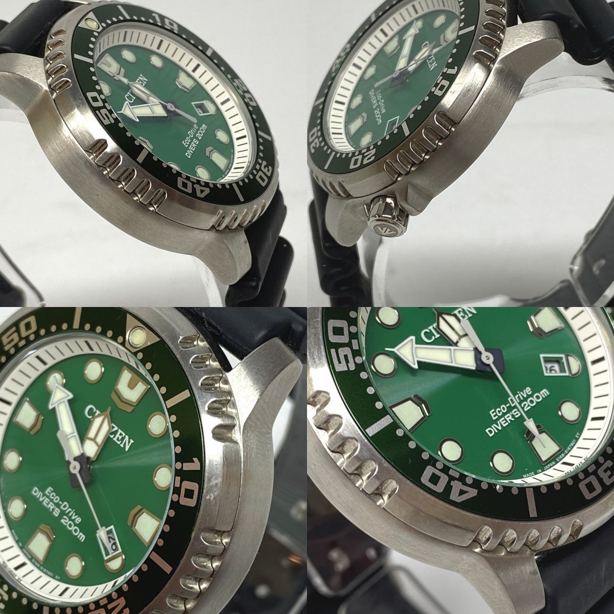 CITIZEN PROMASTER Diver Eco-Drive 200m watch with silver case and green dial shown from front