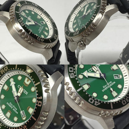 CITIZEN PROMASTER Diver Eco-Drive 200m watch with silver case and green dial shown from front