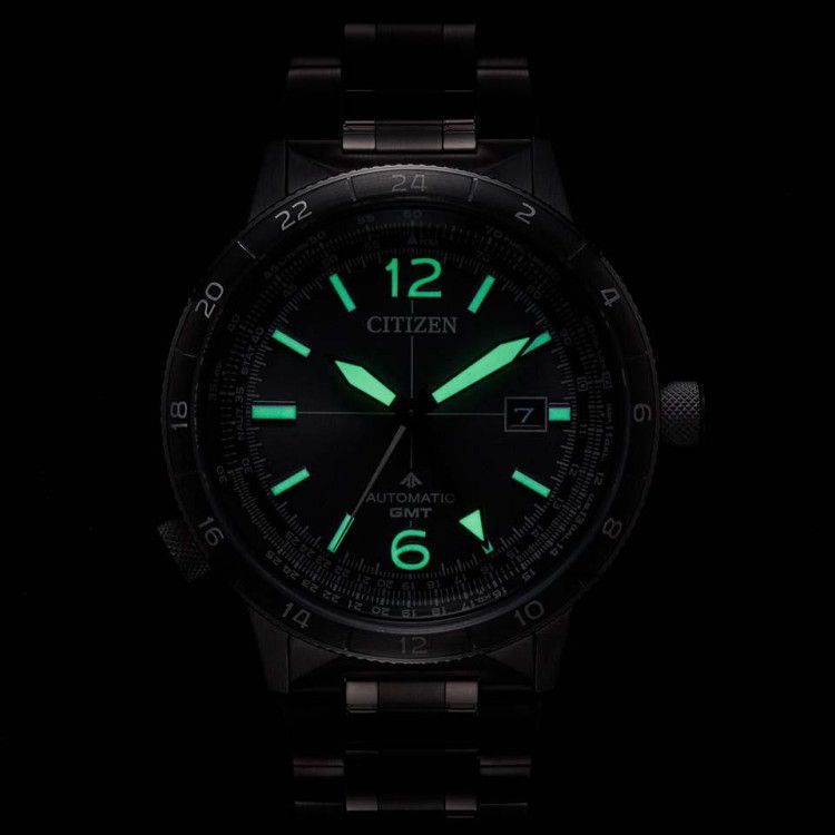 Citizen Promaster Nika NB6045-51H Sky Series mechanical GMT watch with gray stainless steel band and sapphire glass