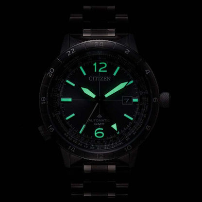 Citizen Promaster Nika NB6045-51H Sky Series mechanical GMT watch with gray stainless steel band and sapphire glass