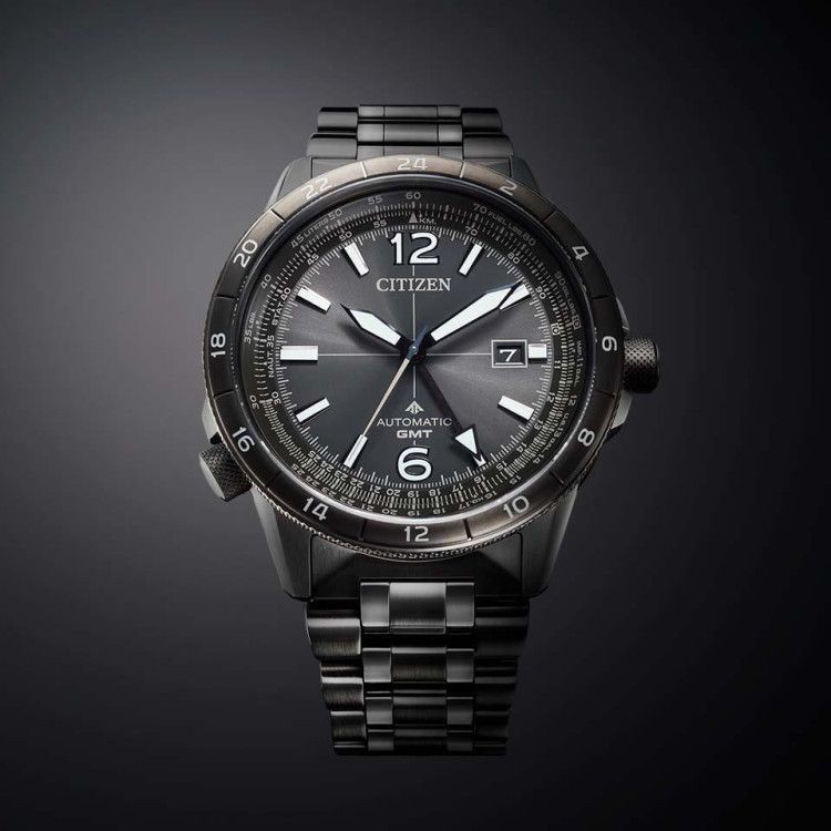 Citizen Promaster Nika NB6045-51H Sky Series mechanical GMT watch with gray stainless steel band and sapphire glass