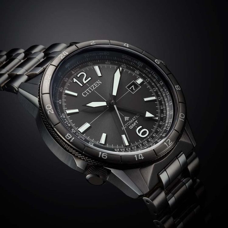Citizen Promaster Nika NB6045-51H Sky Series mechanical GMT watch with gray stainless steel band and sapphire glass