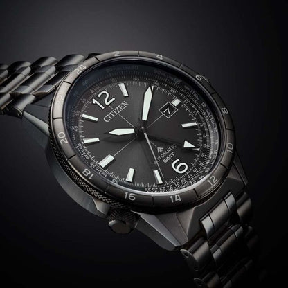 Citizen Promaster Nika NB6045-51H Sky Series mechanical GMT watch with gray stainless steel band and sapphire glass