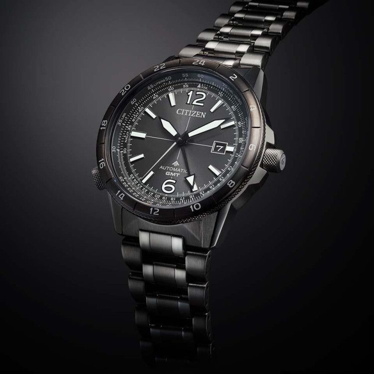 Citizen Promaster Nika NB6045-51H Sky Series mechanical GMT watch with gray stainless steel band and sapphire glass