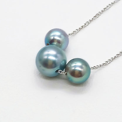 Akoya pearl 3-piece threaded necklace with dark blue-gray pearls and silver chain, 40 cm length
