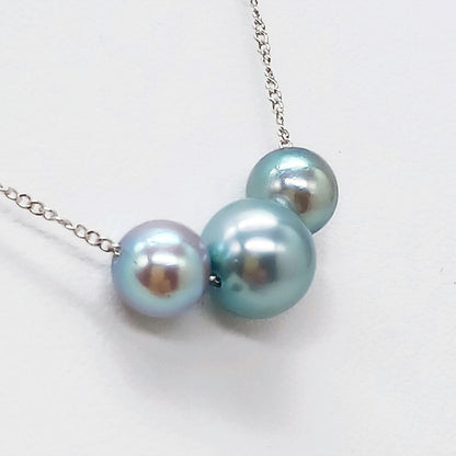 Akoya pearl 3-piece threaded necklace with dark blue-gray pearls and silver chain, 40 cm length