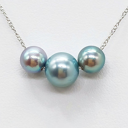 Akoya pearl 3-piece threaded necklace with dark blue-gray pearls and silver chain, 40 cm length