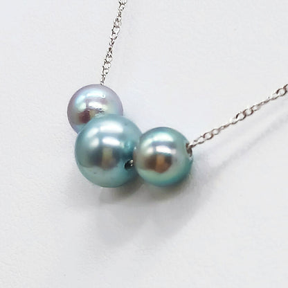 Akoya pearl 3-piece threaded necklace with dark blue-gray pearls and silver chain, 40 cm length