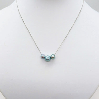 Akoya pearl 3-piece threaded necklace with dark blue-gray pearls and silver chain, 40 cm length