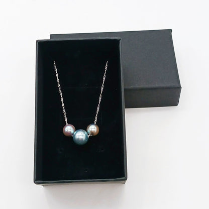 Akoya pearl 3-piece threaded necklace with dark blue-gray pearls and silver chain, 40 cm length
