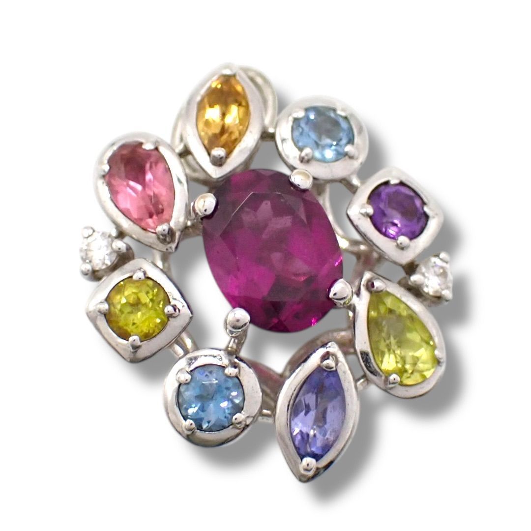Tasaki Pearl Diamond multi-stone pendant necklace with white gold setting and colorful gemstones